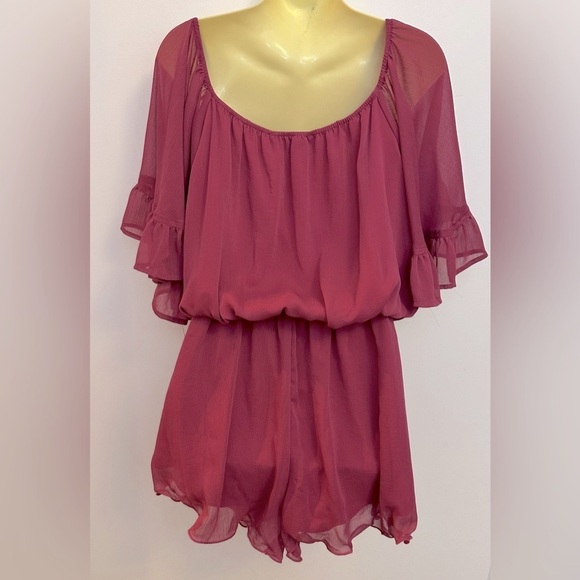 Endless Rose Berry Off Shoulder Ruffle Romper - Picture 2 of 7
